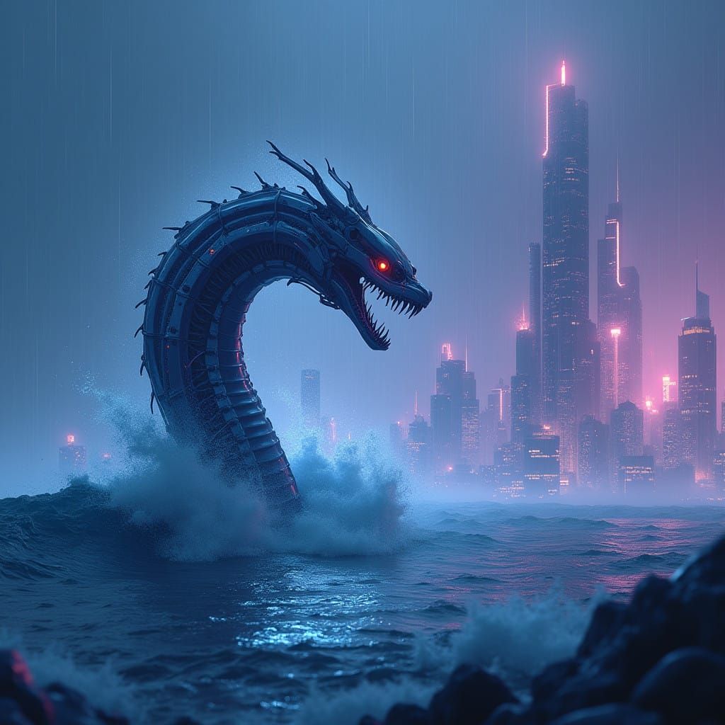 Cyberpunk Serpent Emerges from Oceanic Depths
