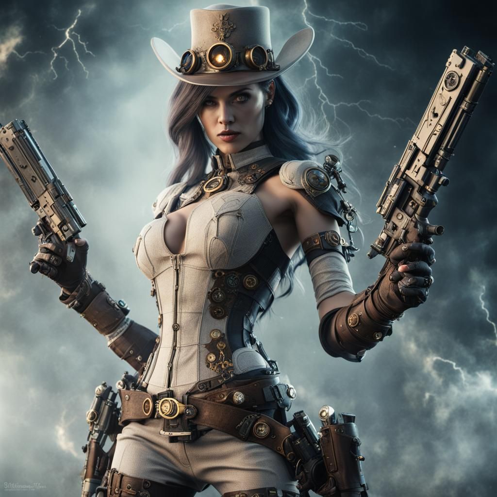 Steampunk Cowgirl with Colt Pistols in Dramatic Western Scen...