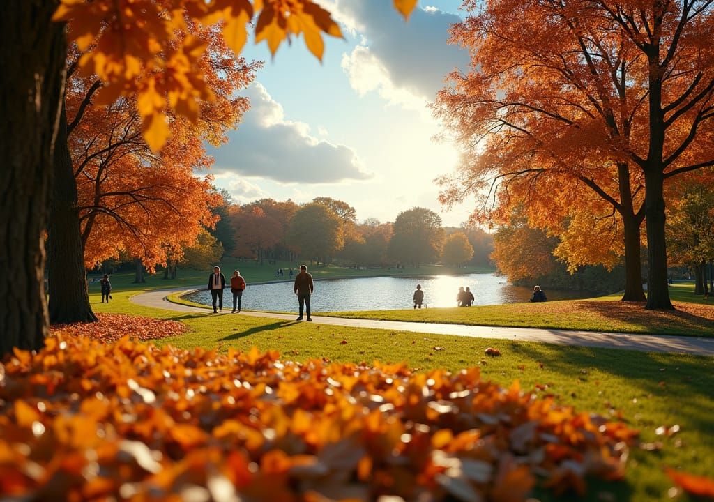Autumn Park Scene with Lake in Warm Light