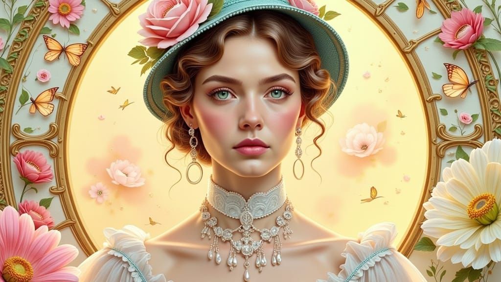 Elegant Woman in Whimsical Pastel Art Nouveau Style