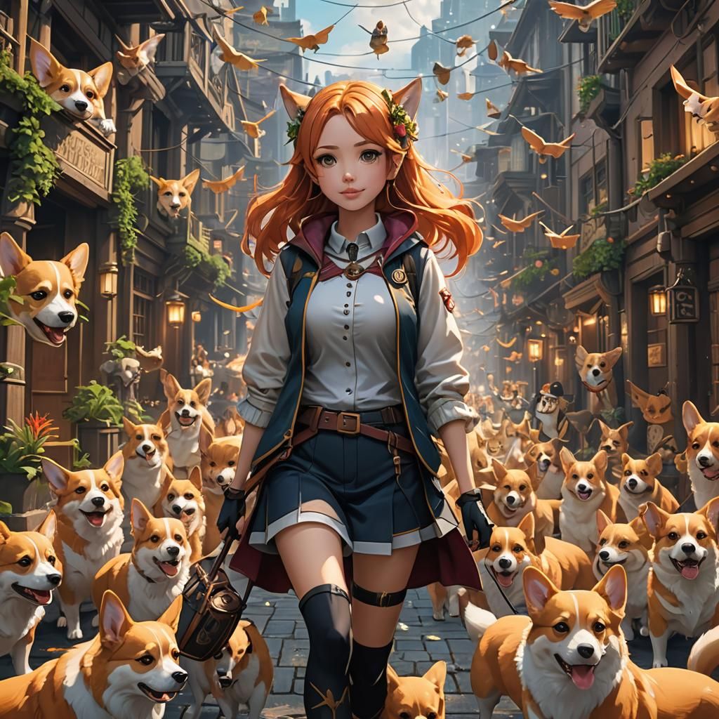Anime Girl Surrounded by Corgis in Detailed Painting