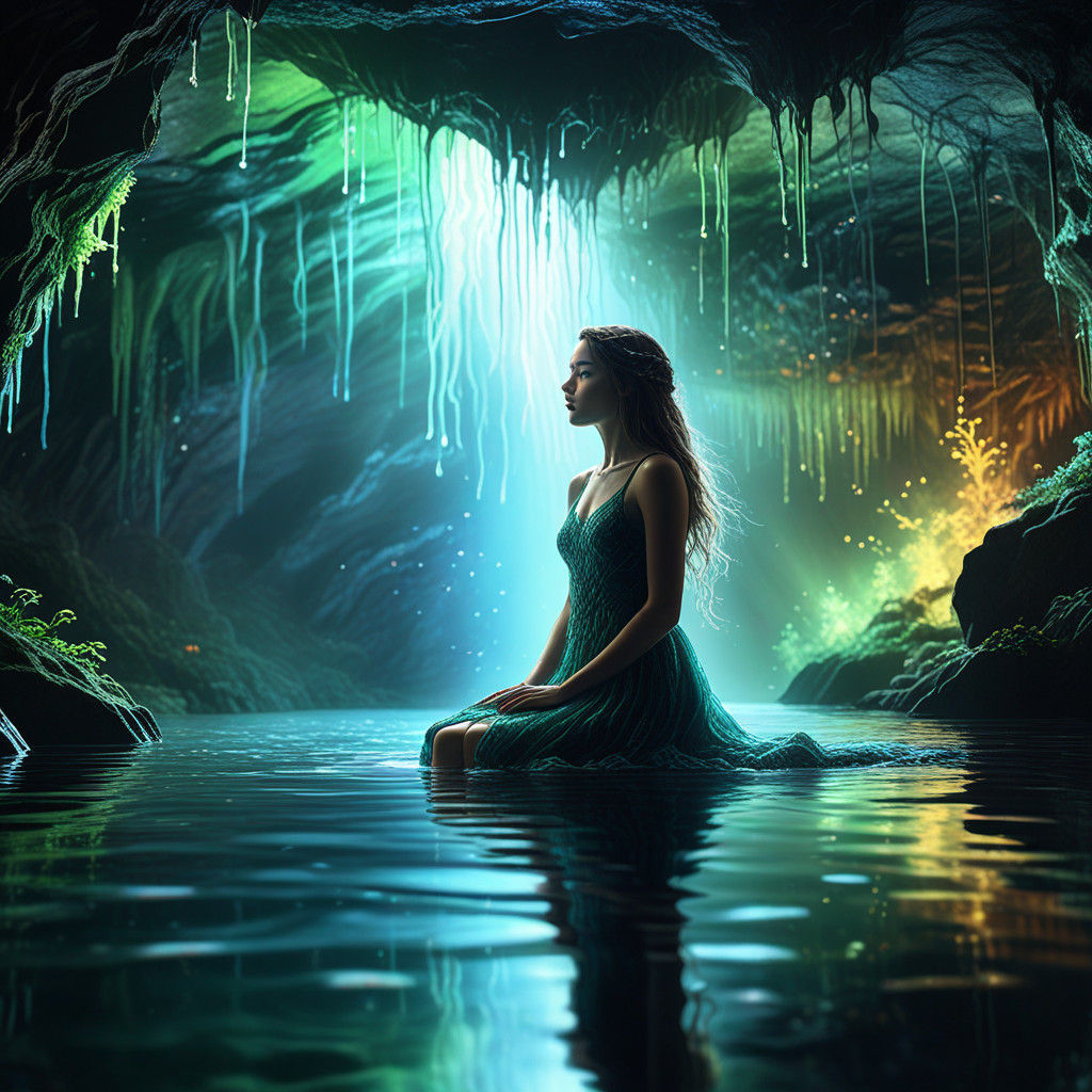 Radiant Woman in Bioluminescent Cavern, Ethereal Fantasy Art