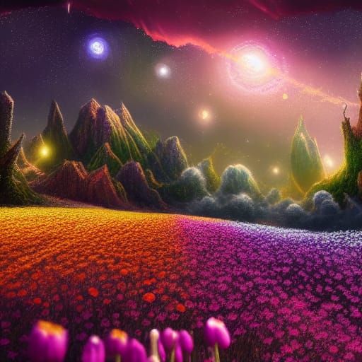 Flower Field at Night Under Starry Sky