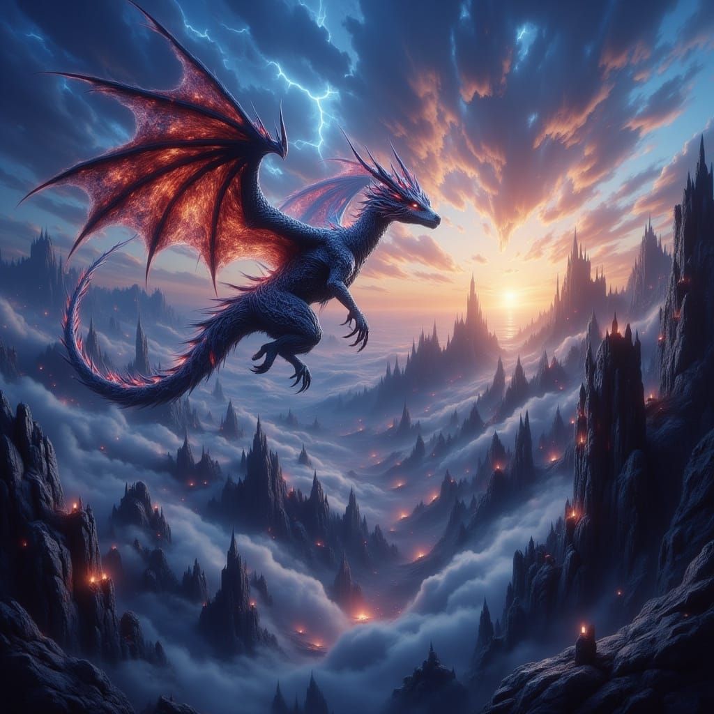 Dragon Soaring Over Ancient Ruins in Fantasy Artwork