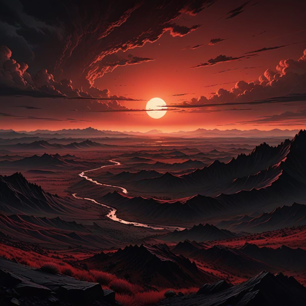 Monochromatic Landscape Under Crimson Sunset