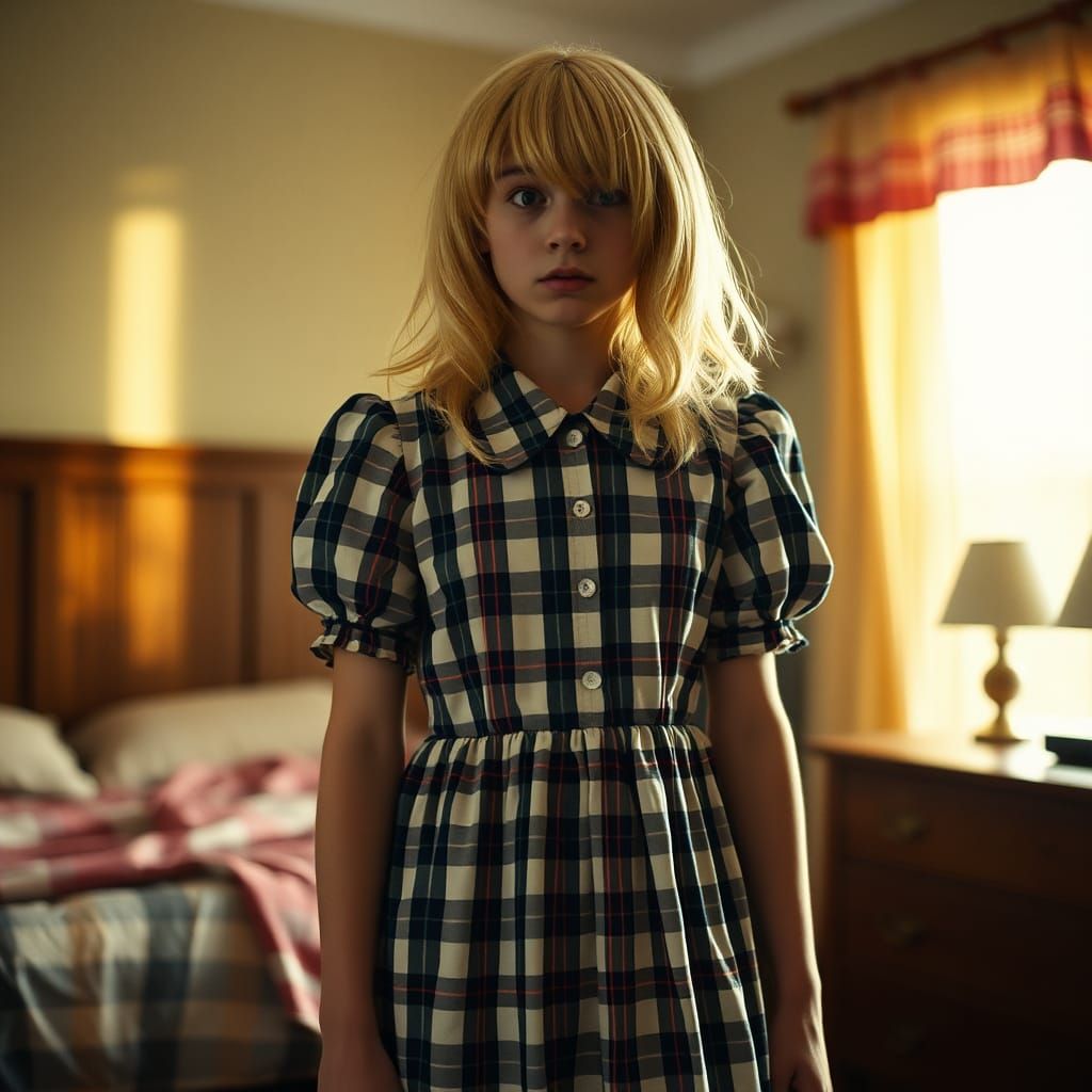 Startled Boy in Babydoll Dress: Cinematic Portrait