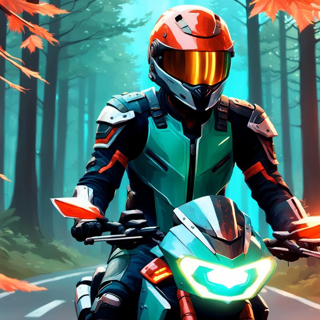 Motorcycle Knight in Mystical Forest, Digital Painting