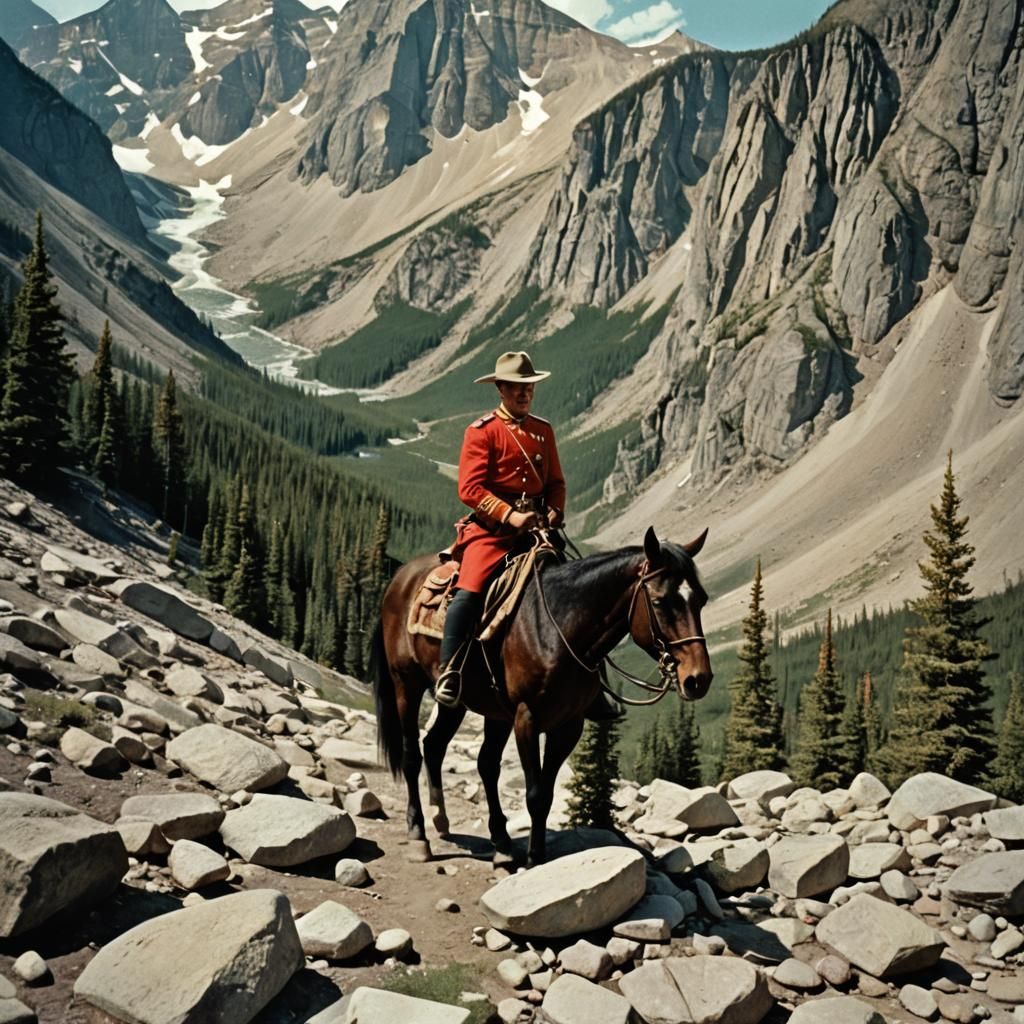 Mountie on Horseback in Rocky Mountains: 1950s Photo