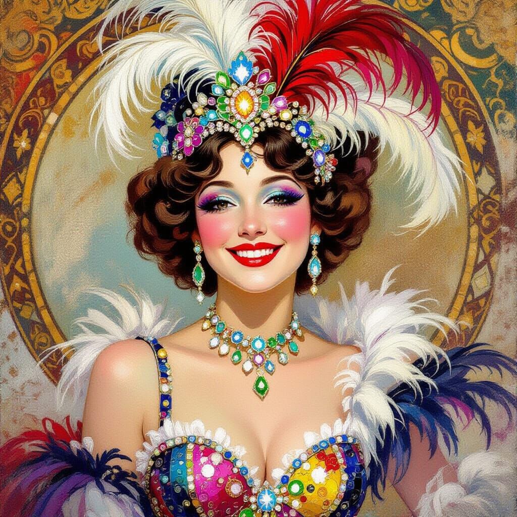 Smiling Showgirl in Elaborate Costume, Rococo Art Style
