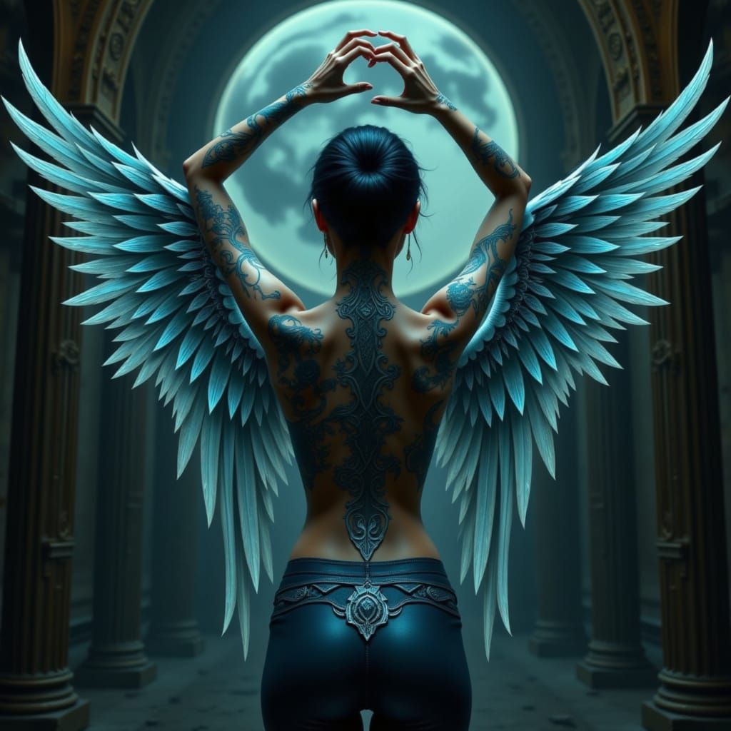 Cyberpunk Angel Unfolds Wings from Back Tattoo