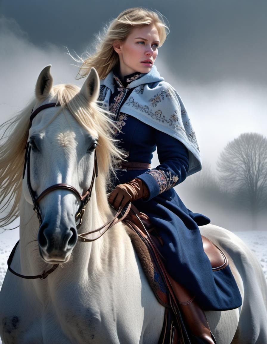 Woman on Horseback in Snowy Mist, Hyperdetailed HDR Photo