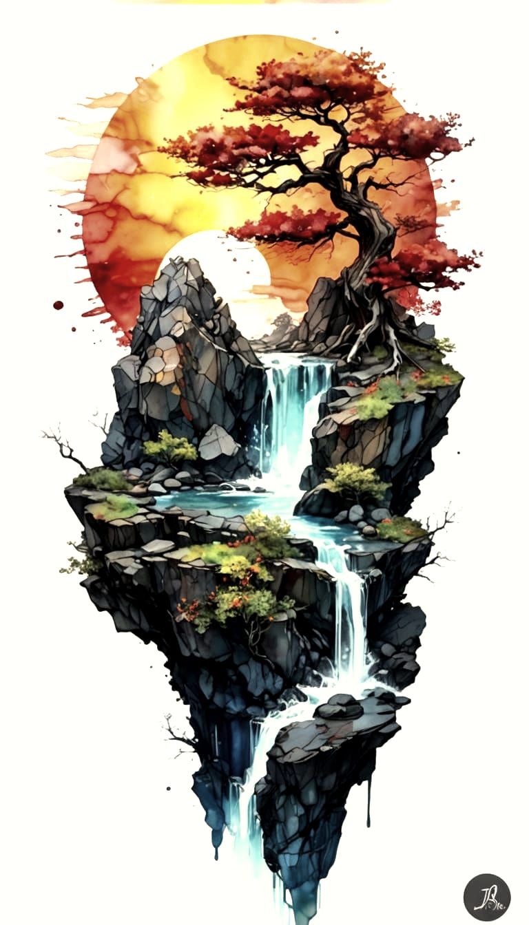 Stylized Landscape with Red Tree and Sunset