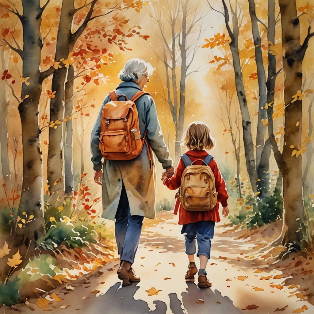 Grandma and Granddaughter: Watercolour First Day of School