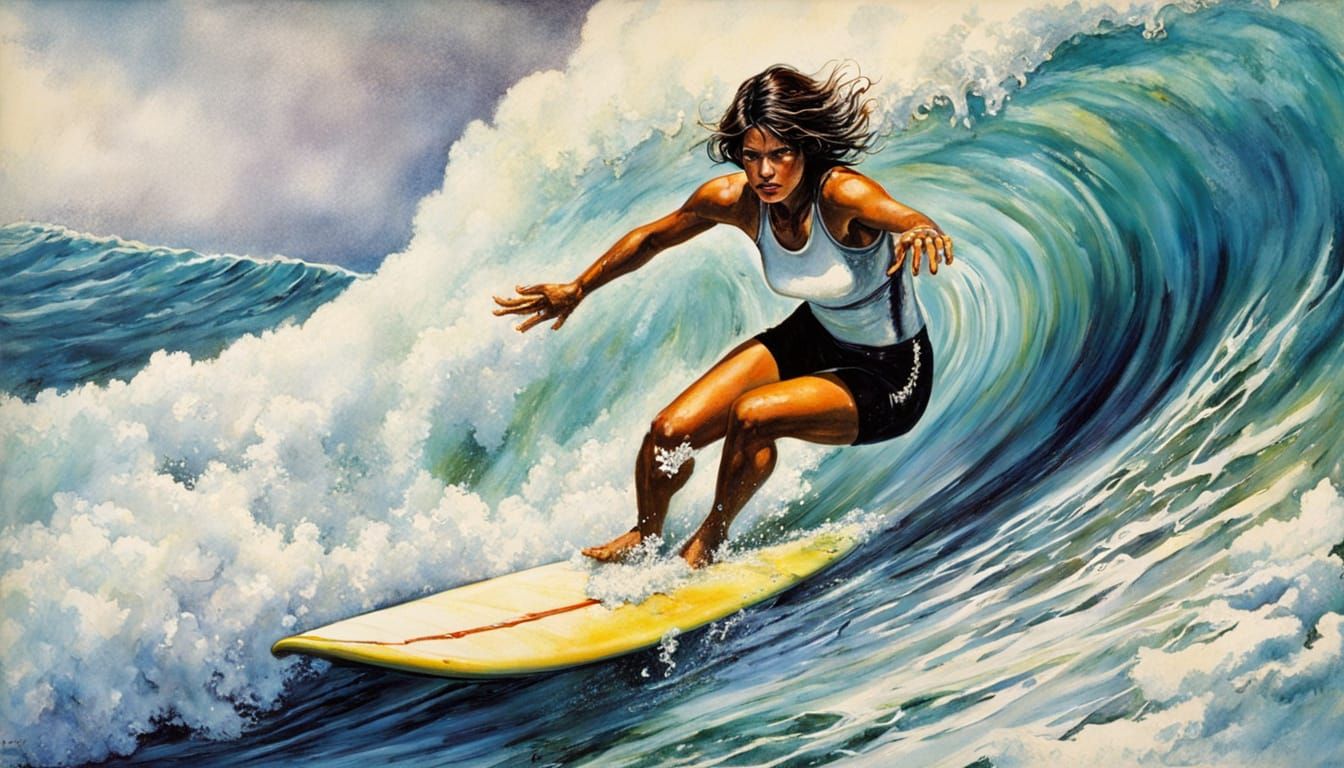 Gorgeous Brunette Surfer Rides a Wave in a Retro-Inspired Ar...