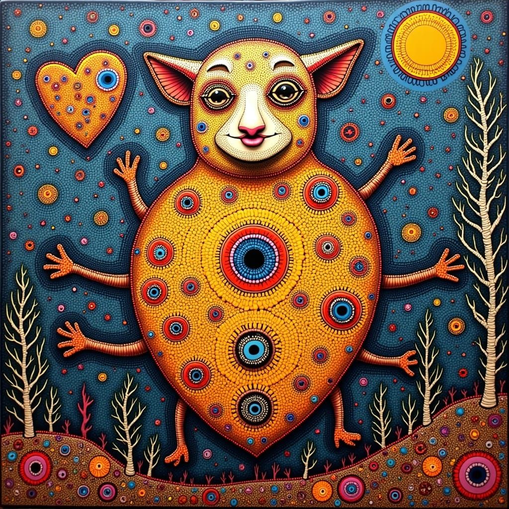 Surreal Mechanical Hearts in Folk-Art Landscape