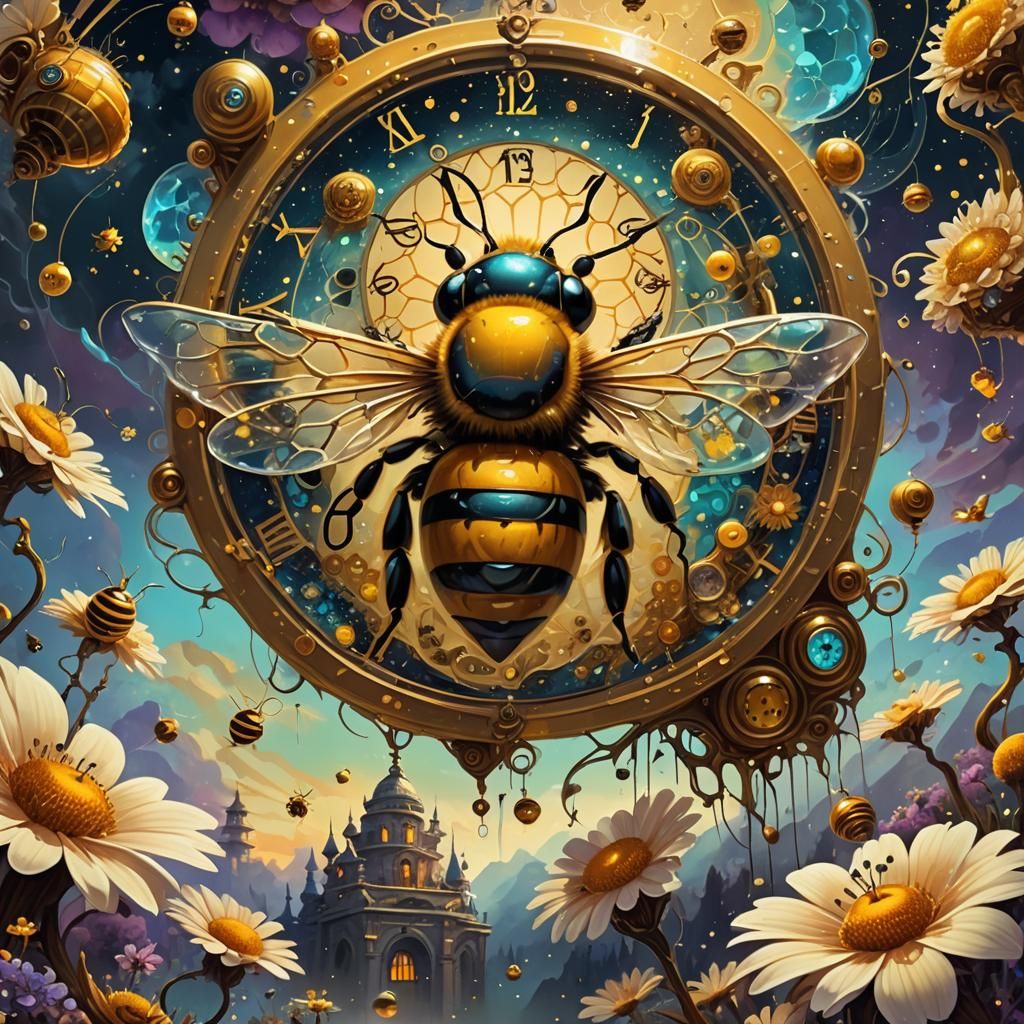 Whimsical Bee Flies Near Clockwork Beehive