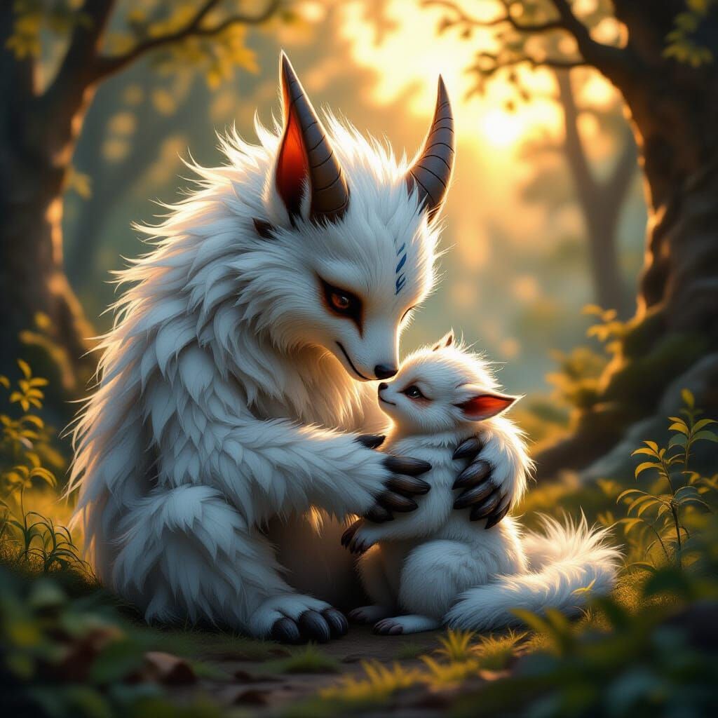 Mythical Beast Grooming Baby in Enchanted Forest