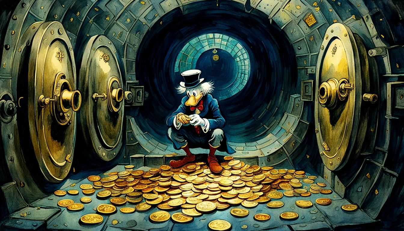 Watercolor Scrooge McDuck in Gold Vault