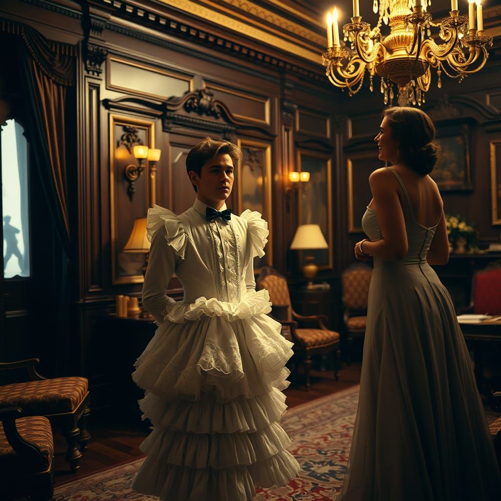 Young Man Embarrassed in Frilly Petticoat Dress in Opulent O...