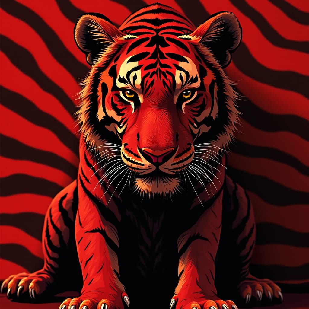 Tiger with Red and Black Stripes on Matching Background