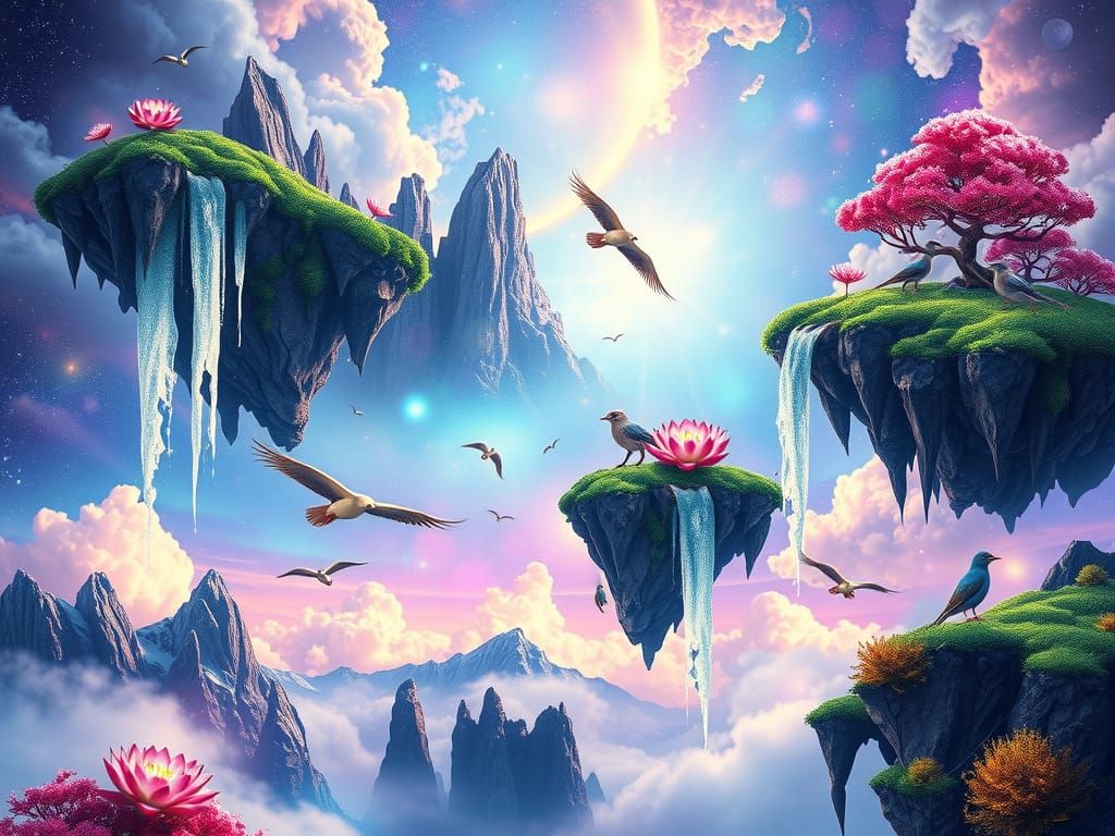 Fantasy landscape image featuring floating islands