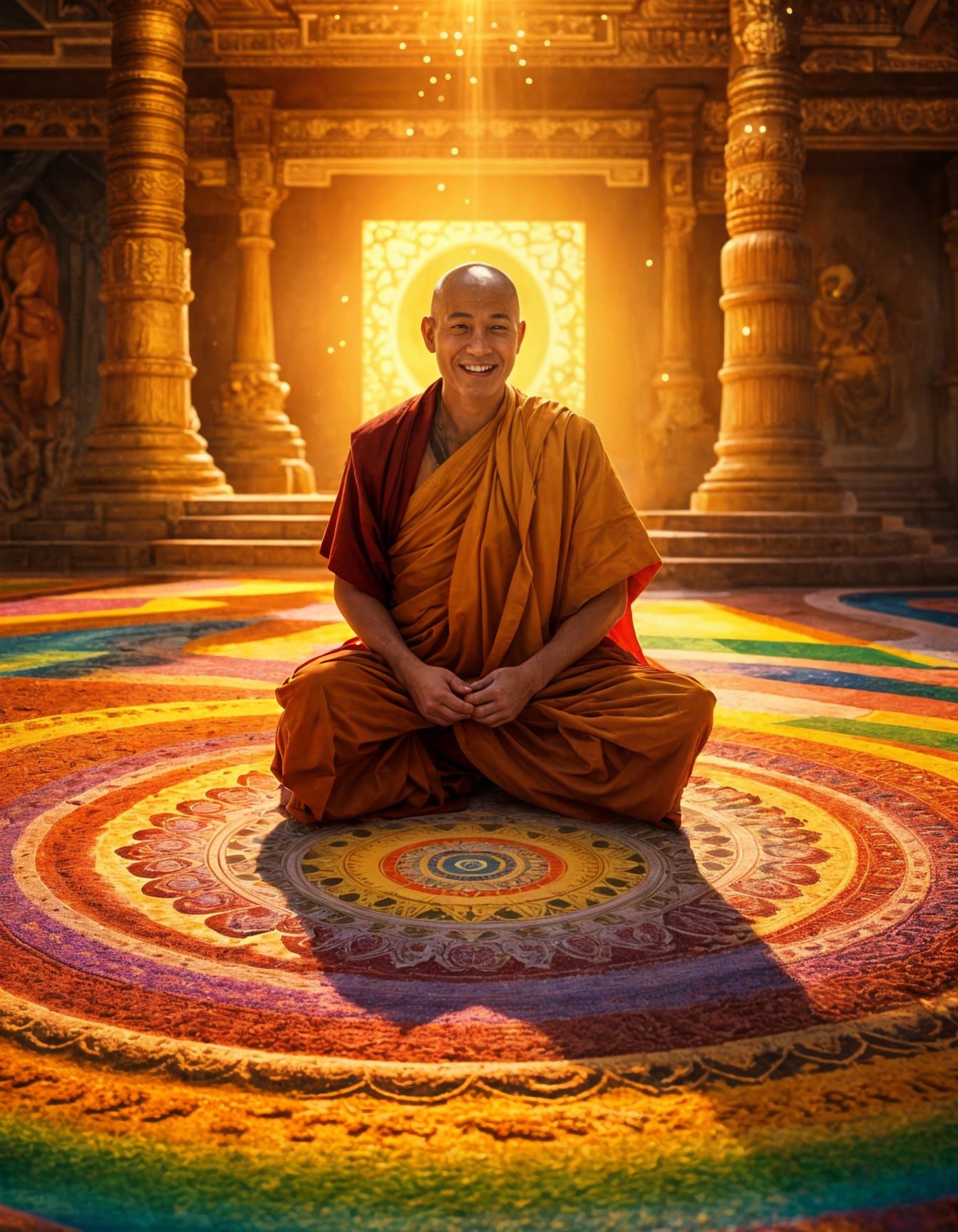 Smiling Monk Creates Multicolored Sand Mandala