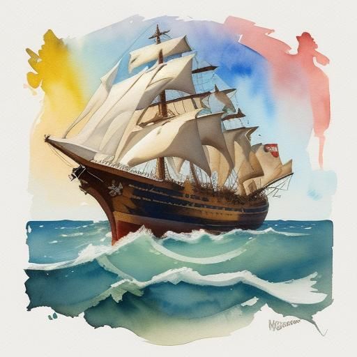 Little Ship Logo in Gouache Watercolor Style