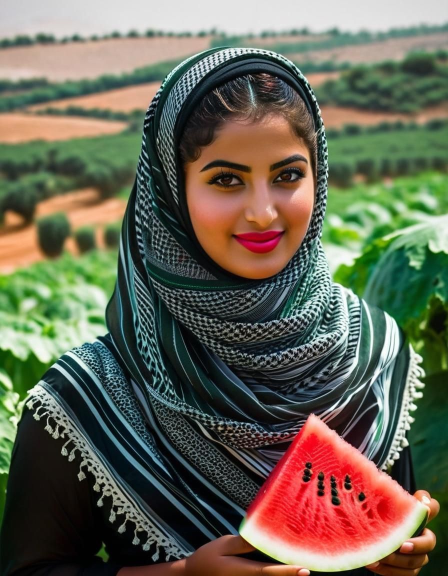 Palestinian Woman with Watermelon and Keffiyeh Portrait