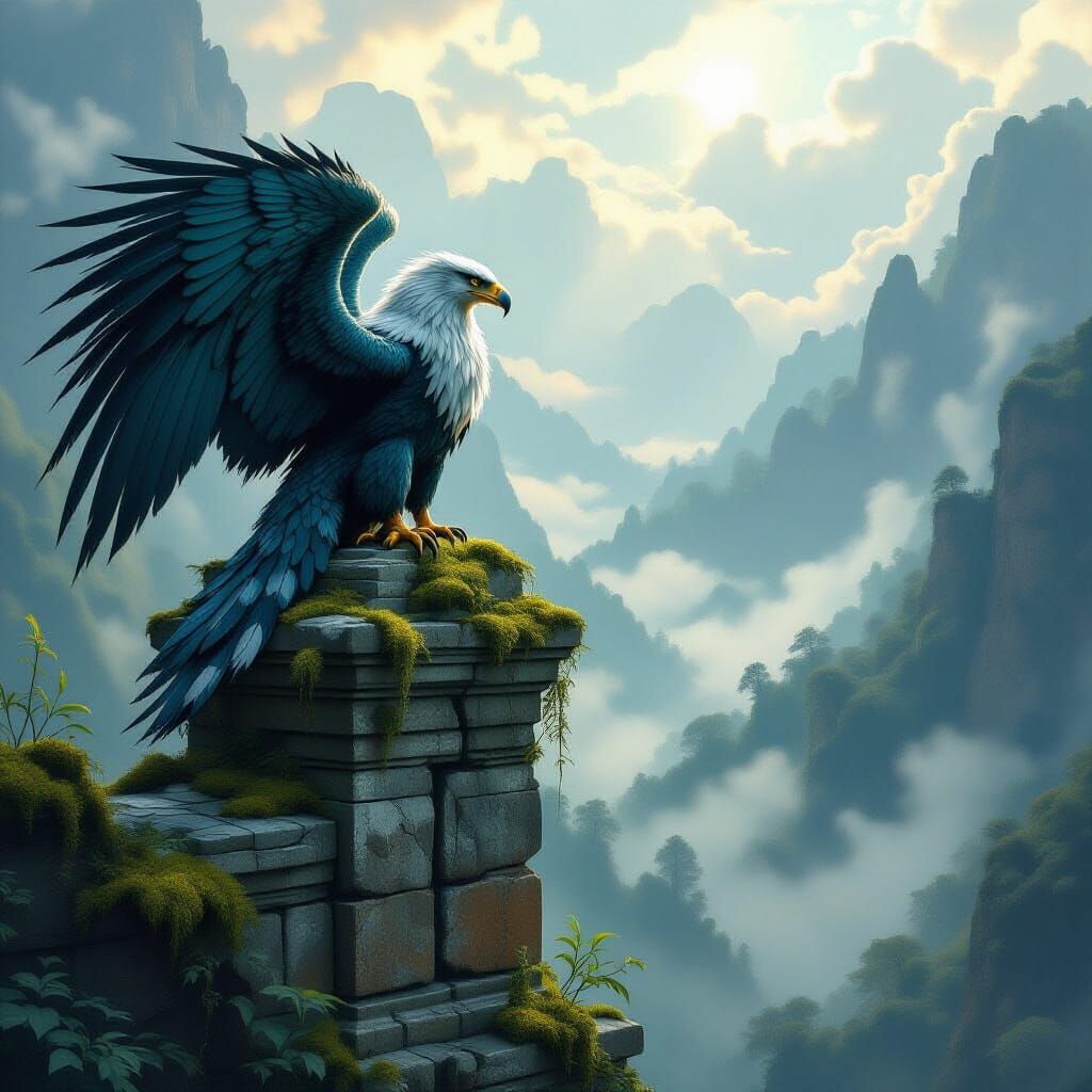 Griffin Perched Atop Ancient Stone Ruin