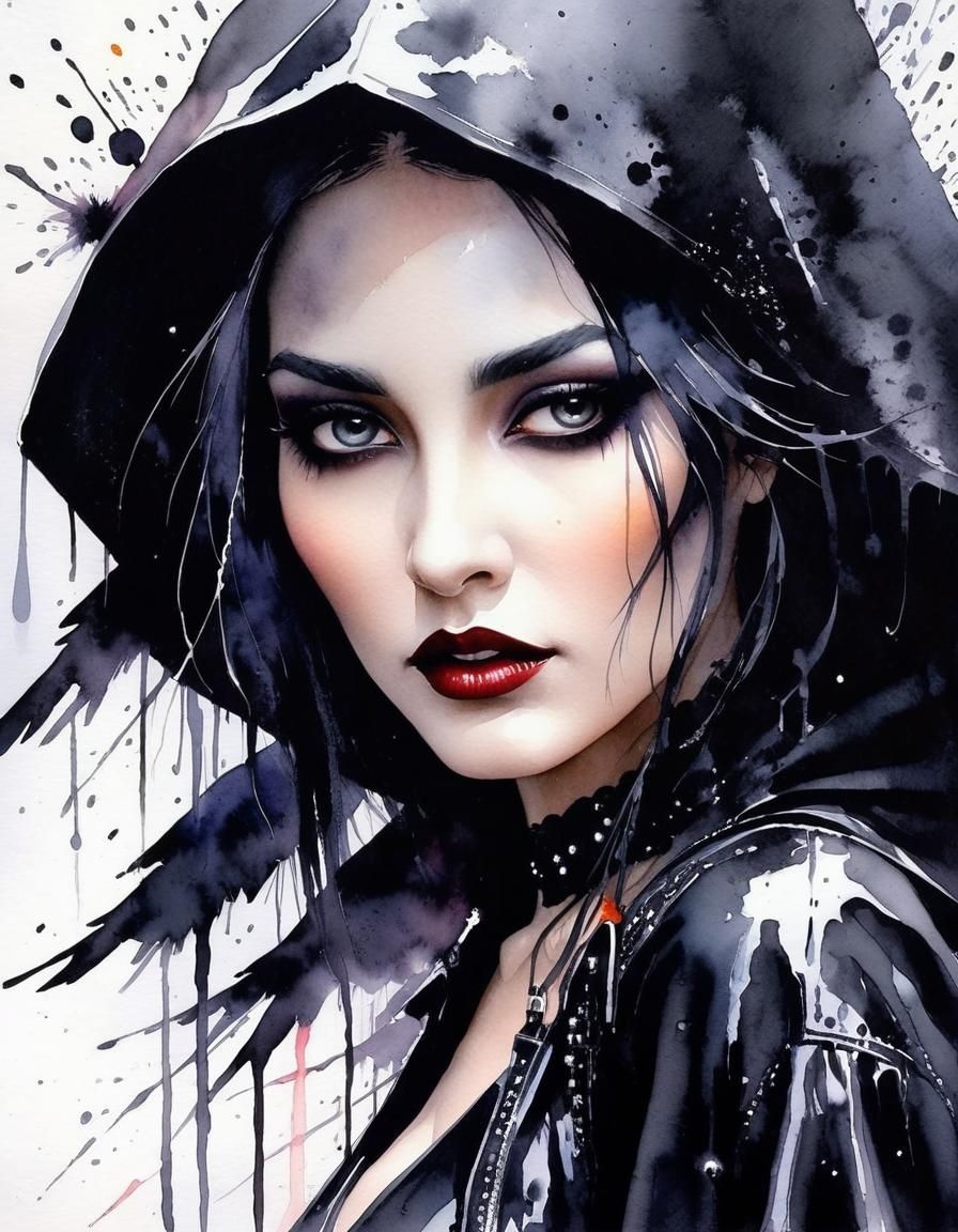 Edgy Goth Goddess in Rainy Timescape Watercolor