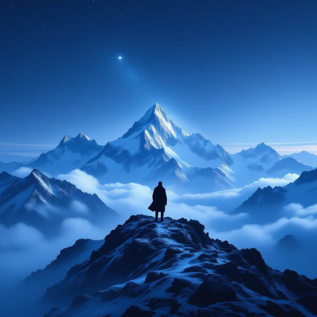 Misty Mountain Peak Under Starry Night Sky