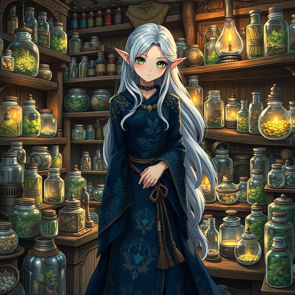 Anime Elf Alchemist Surrounded by Magical Ingredients