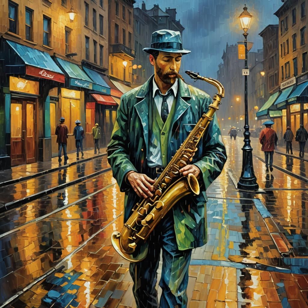 Saxophone Player in Rainy City, Neo-Impressionist Oil Painti...