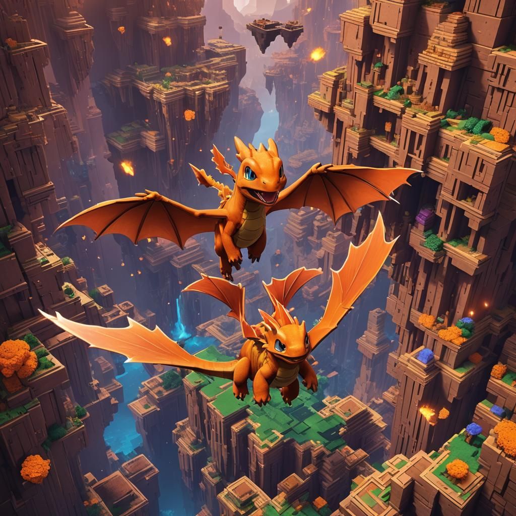 Charmander-Ender Dragon Hybrid Over Minecraft Bastion