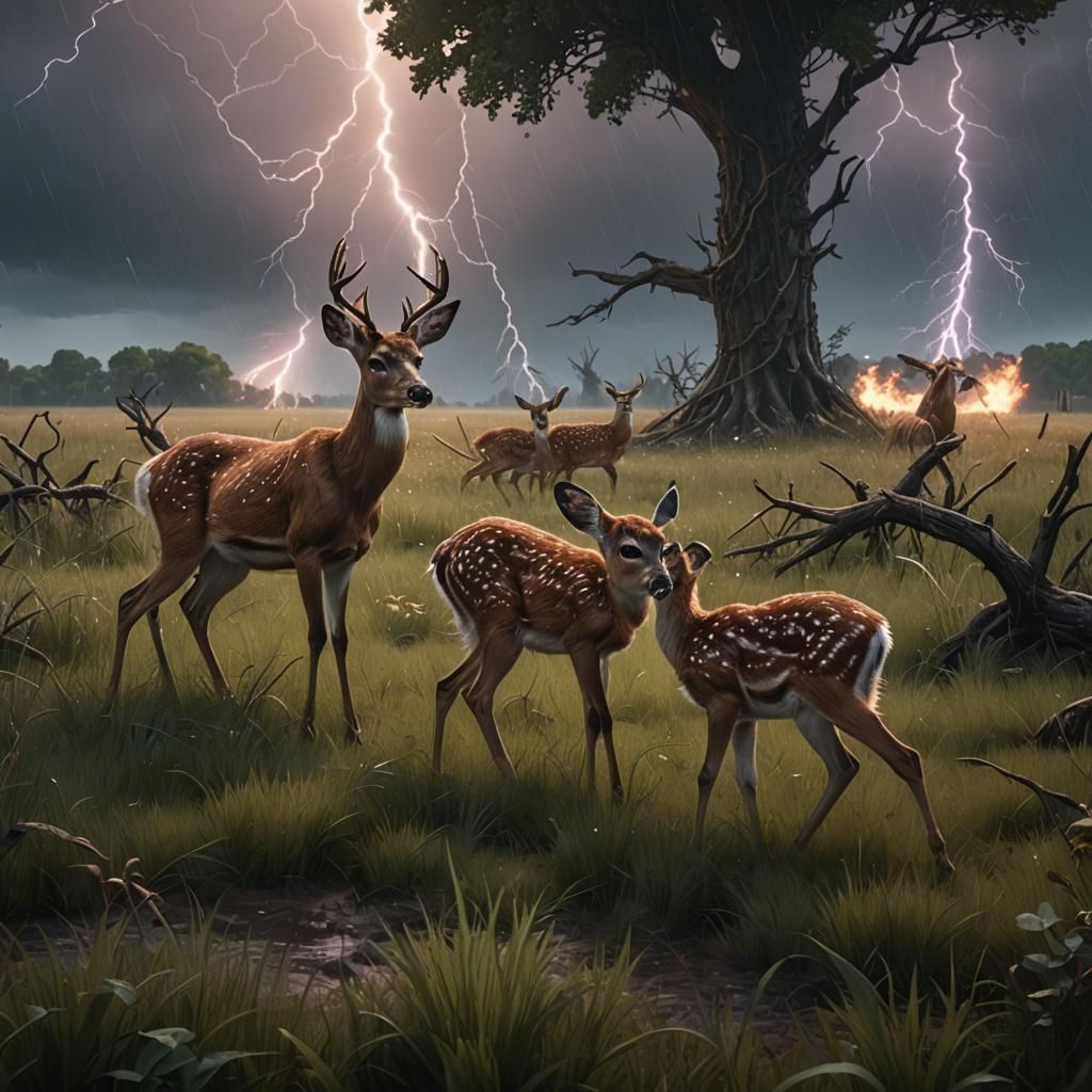 Deer Family in a Violent Thunderstorm: Matte Painting