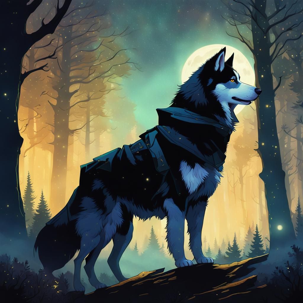 Mystical Woods: Husky in a Starry Night, Digital Art