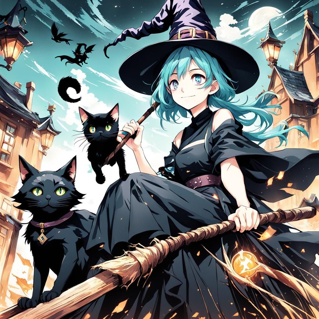 Cyan-Haired Girl with Black Cat in Anime Style