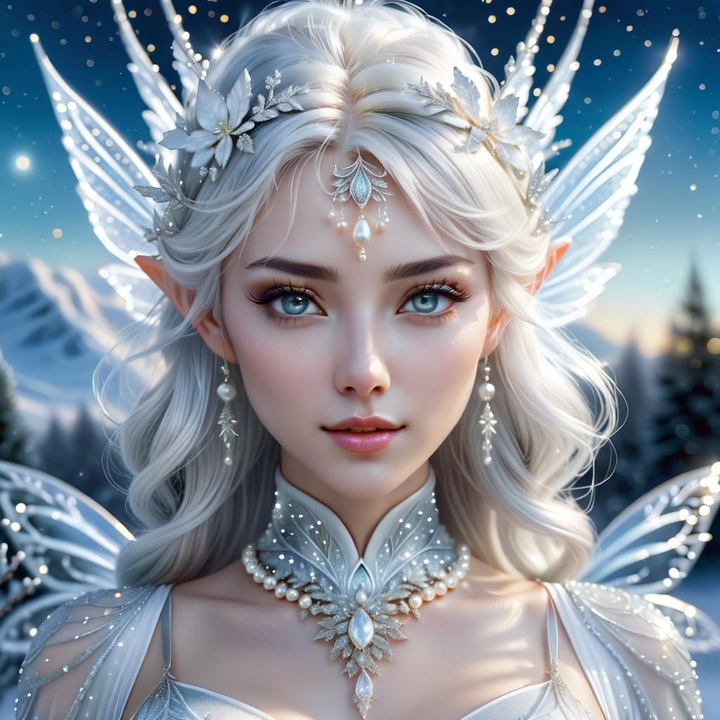 Hyperreal Frost Fairy Portrait in Moonlit Landscape