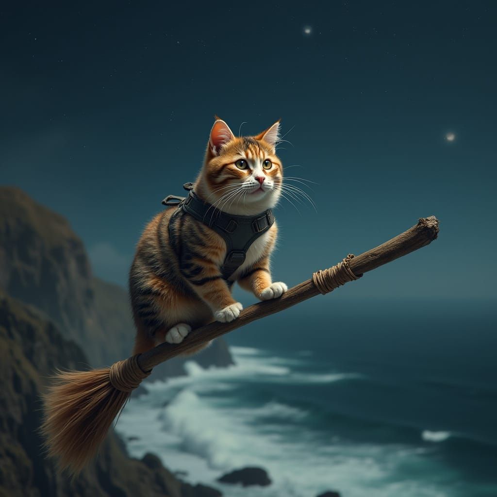 Calico Cat Soaring Over Coastline in Photorealistic Style