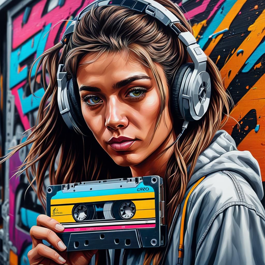 Teenager Rewinds Cassette in Graffiti Art Style