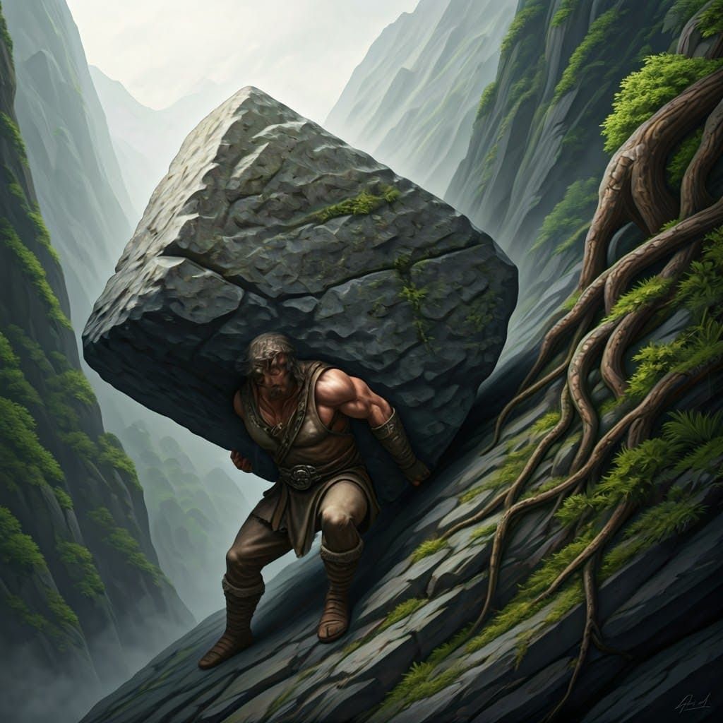 Muscular Hero Rolls Ancient Boulder Up Misty Mountain