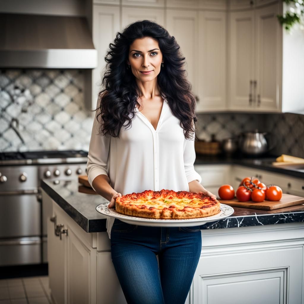 Elegant Woman in Kitchen with Festive Food