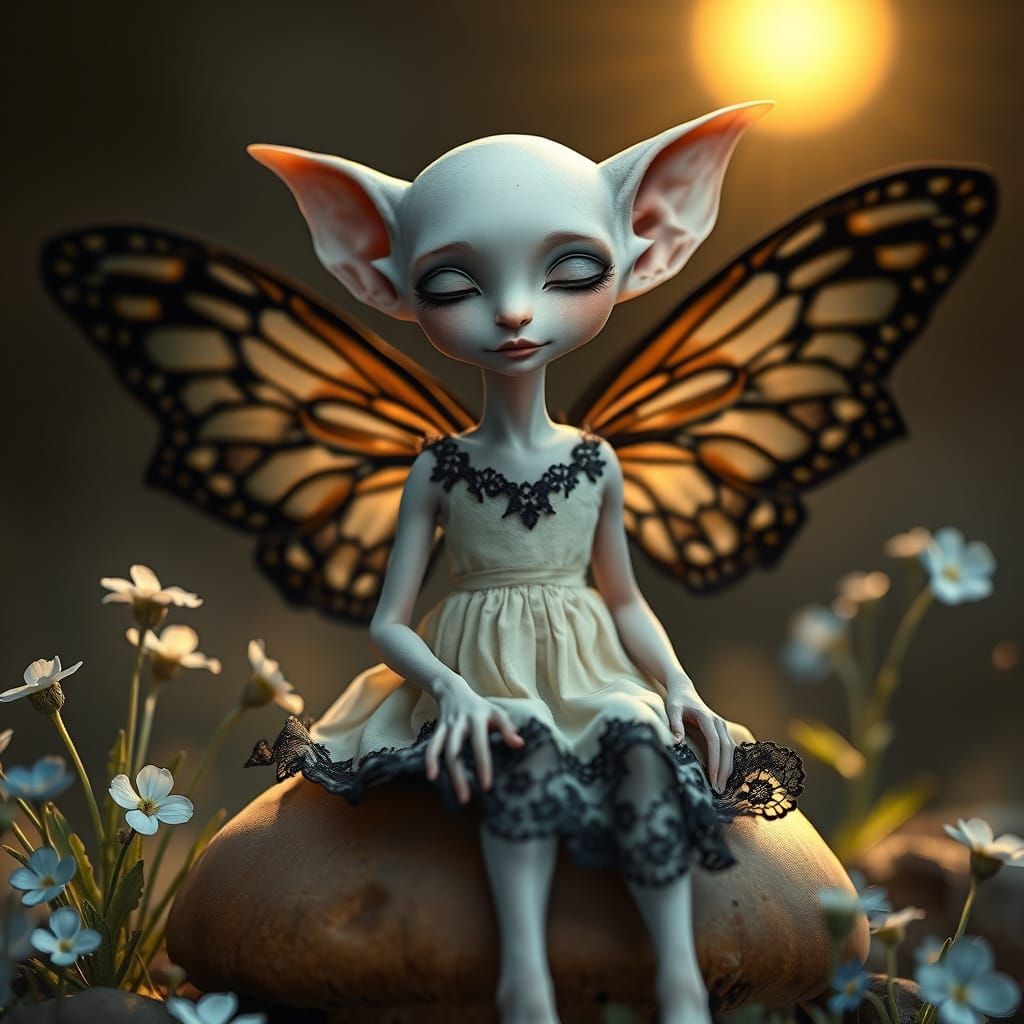 Serene, Insect-Human Hybrid Sits on Earthy Mushroom, Surroun...