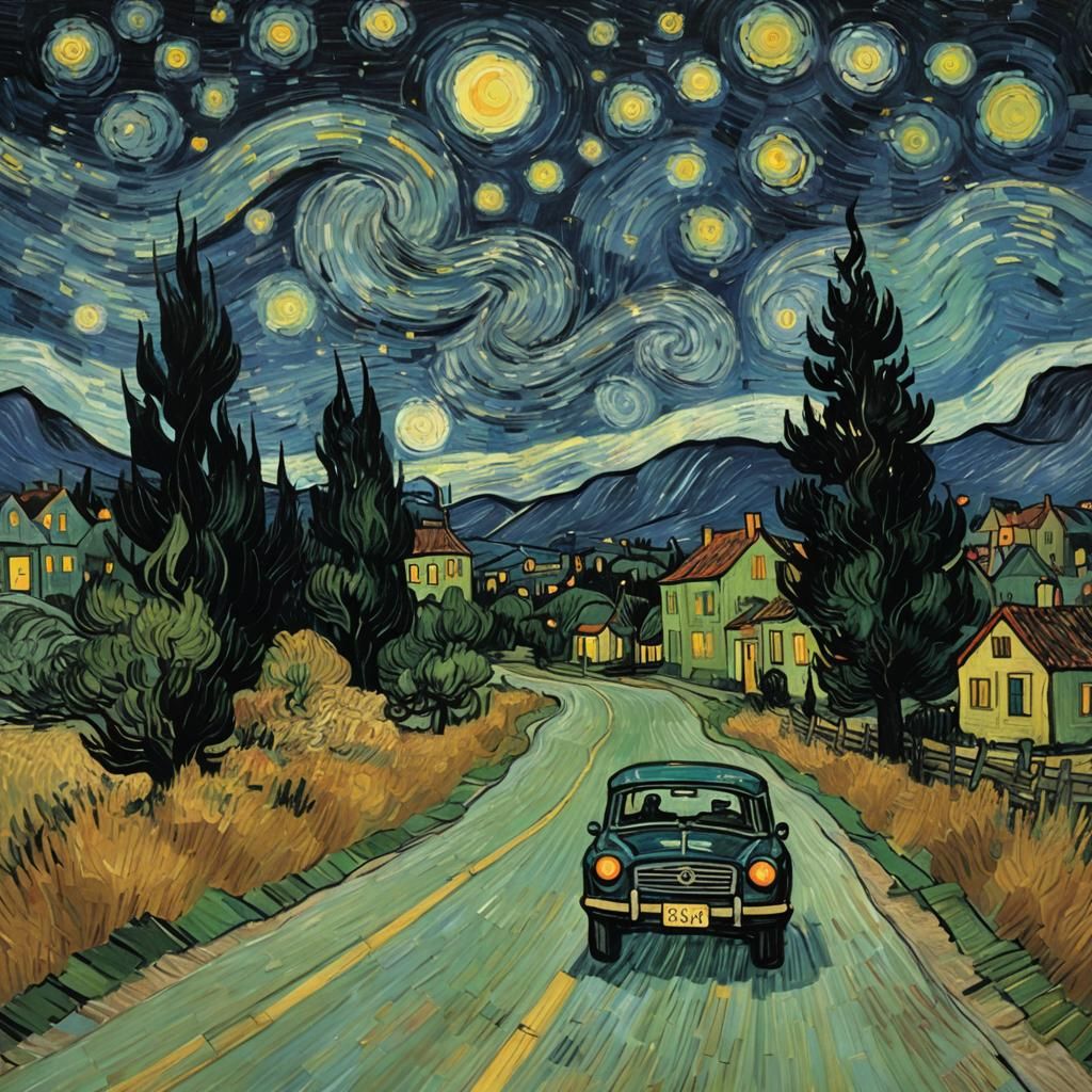 Night Drive in Van Gogh's Style