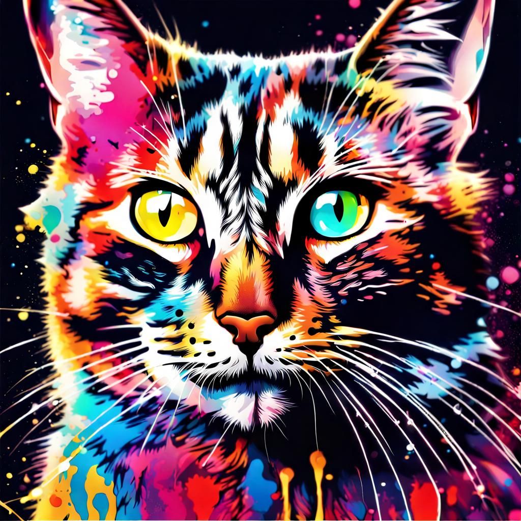 Colorful Ink Cat Portrait in Splash Art Style