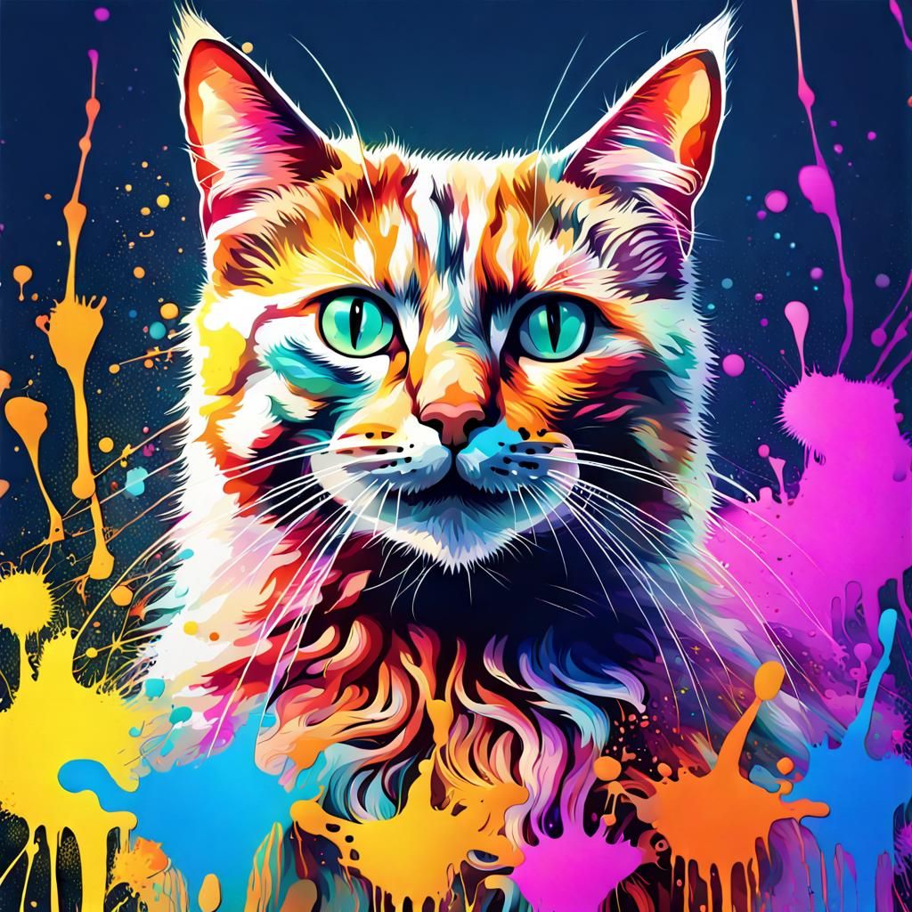 Colorful Ink Splatter Cat Portrait in Fantasy Style