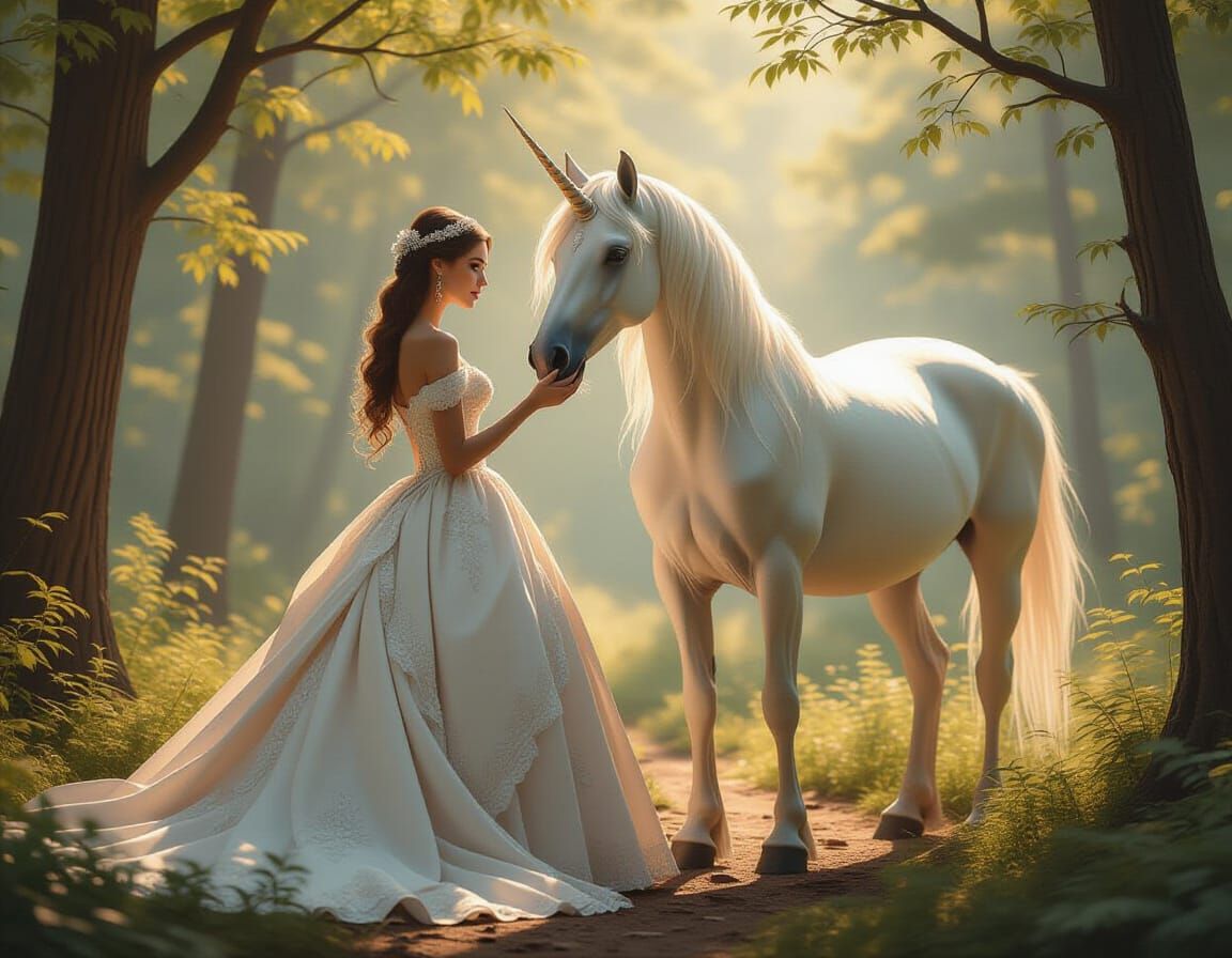 Lady and Unicorn in Lush Forest, Photorealistic Style