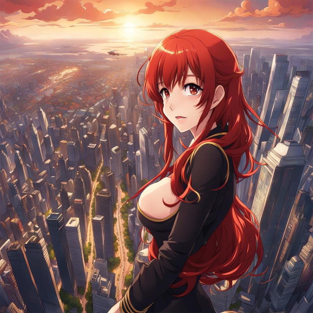 Anime-Style Giantess: Red-Haired and Curvy