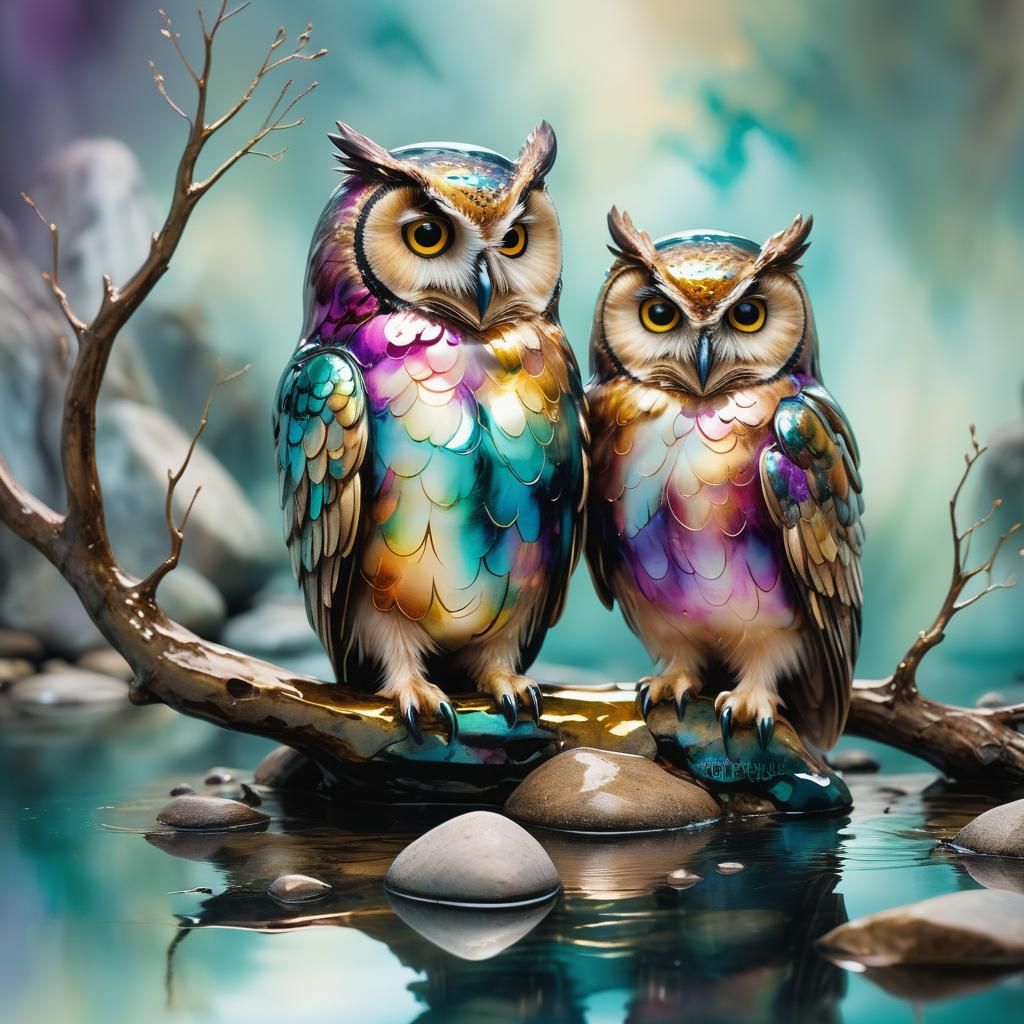 Owls on Creek in Glossy Alcohol Ink Style