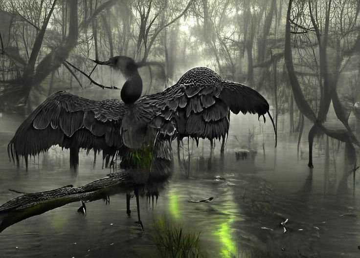 Menacing Bird in Death Swamp: Photorealistic Rendering